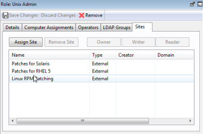 This window displays the Sites tab of the Roles where you can associate content sites with a given role.