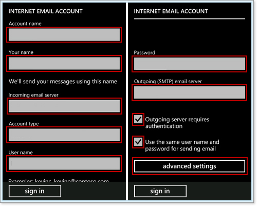 Windows Phone Email Account Settings