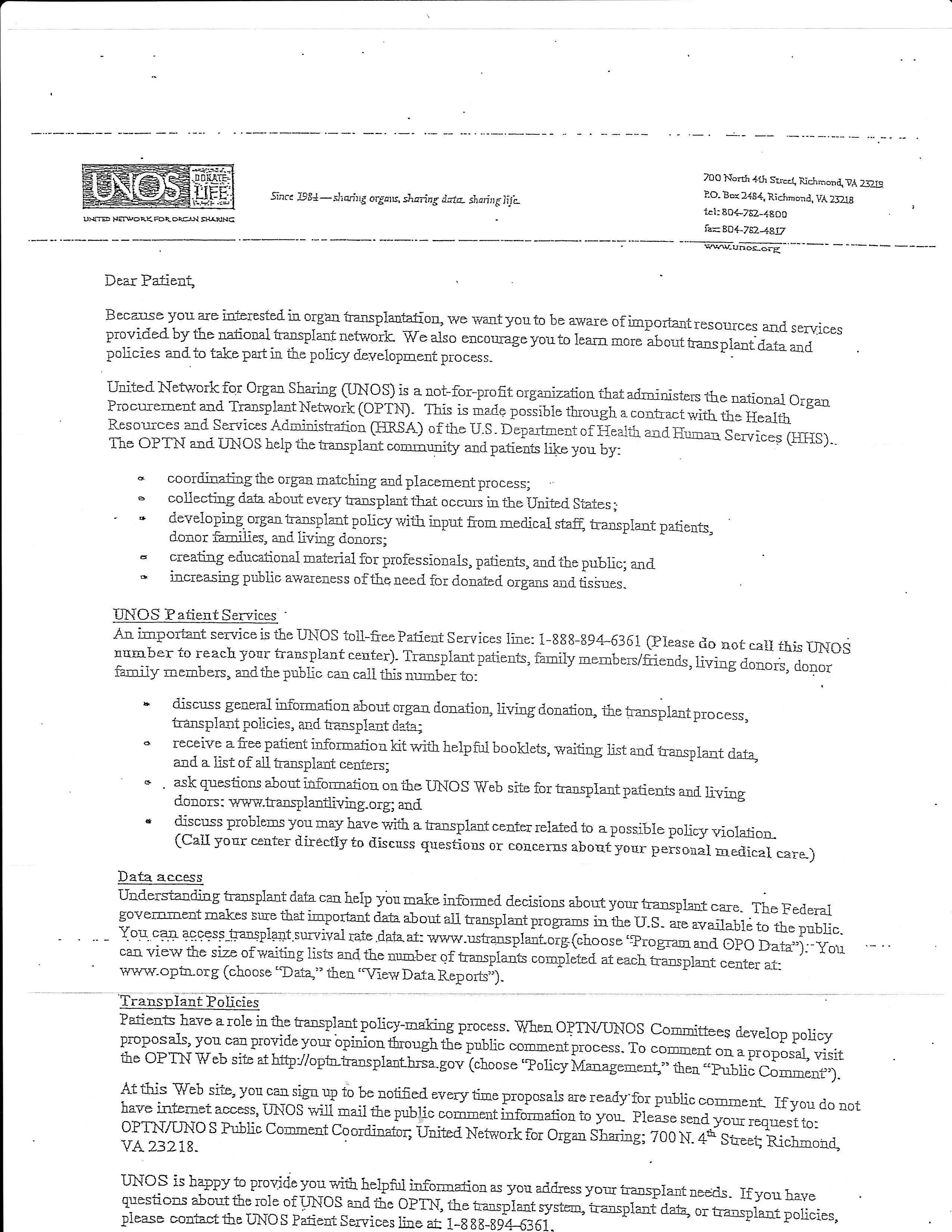 UNOS TRANSPLANT LIST LETTER/2014