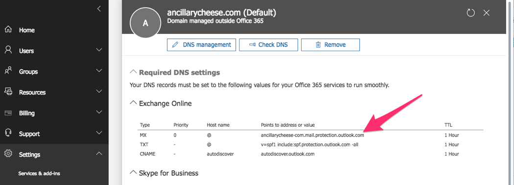 office 365 email settings dns