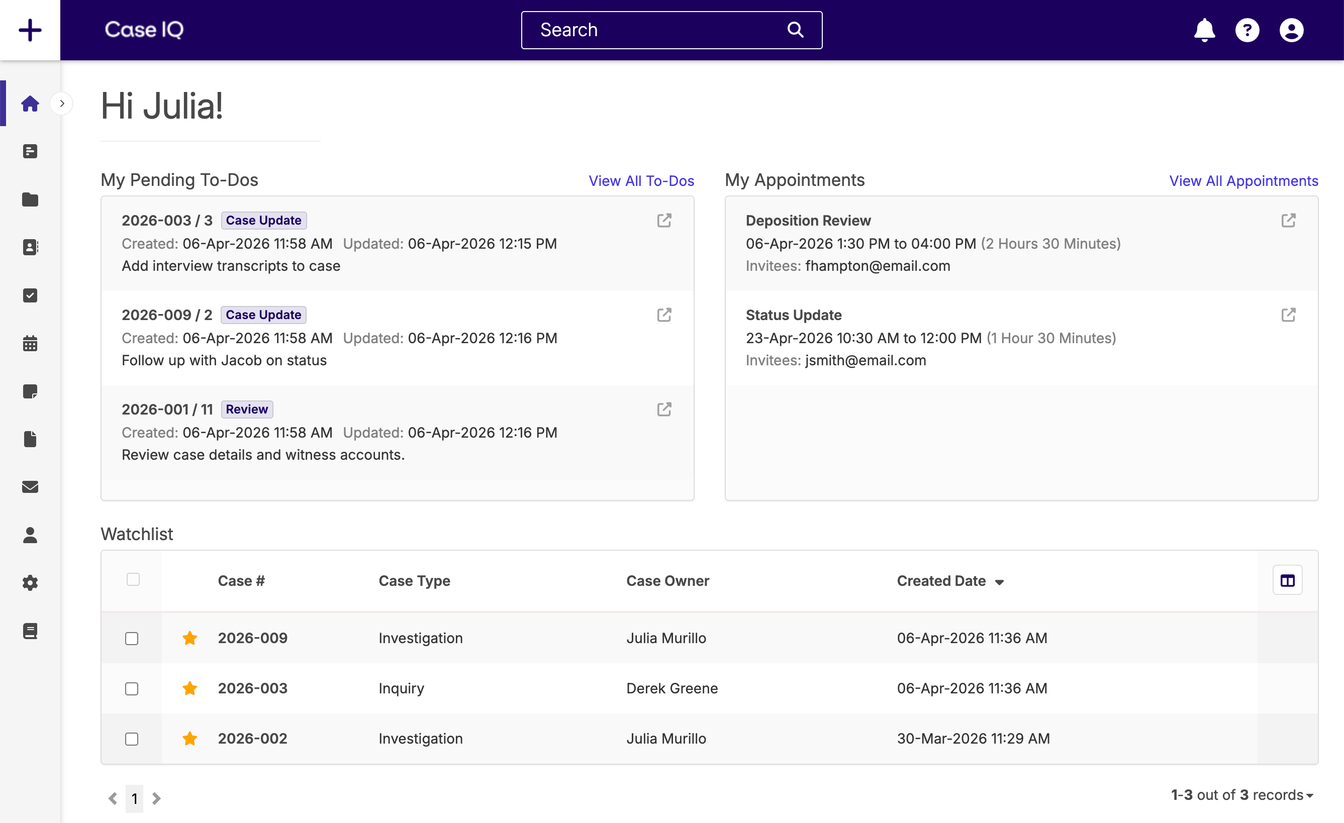 Vue d'accueil de Case IQ.