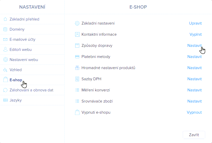 Zvolte E-shop a Způsoby dopravy