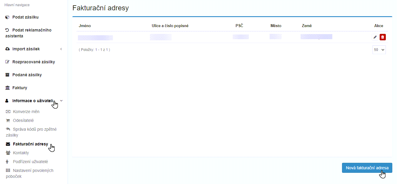 Klikněte na Nová fakturační adresa
