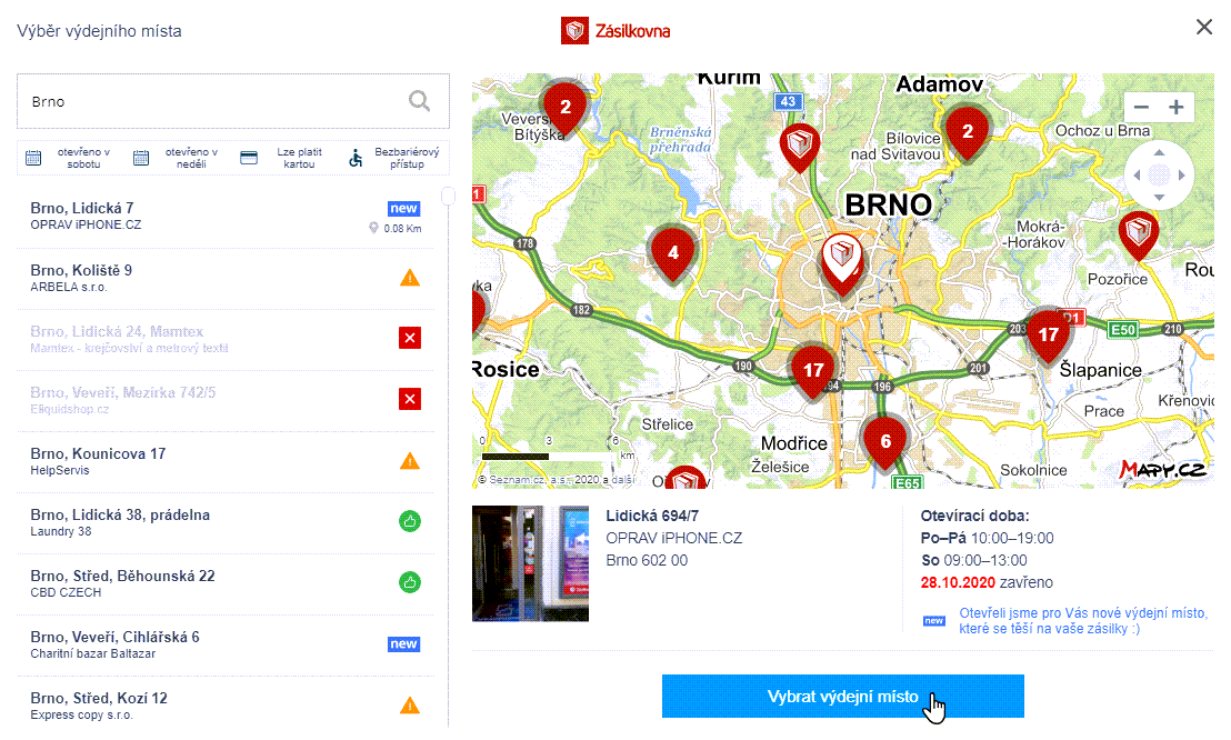 Výběr výdejního místa
