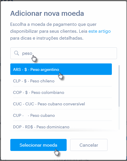 Escolher moeda de pagamento