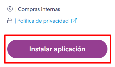 Botón de Instalar aplicación resaltado