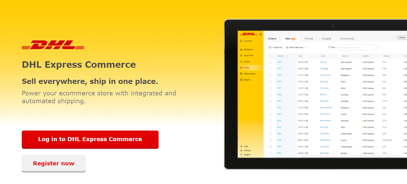 Pantalla de inicio de DHL Express Commerce