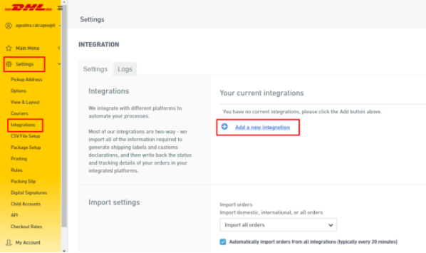 Sección Setting - Integration con la opción "Add a new integration" resaltada 