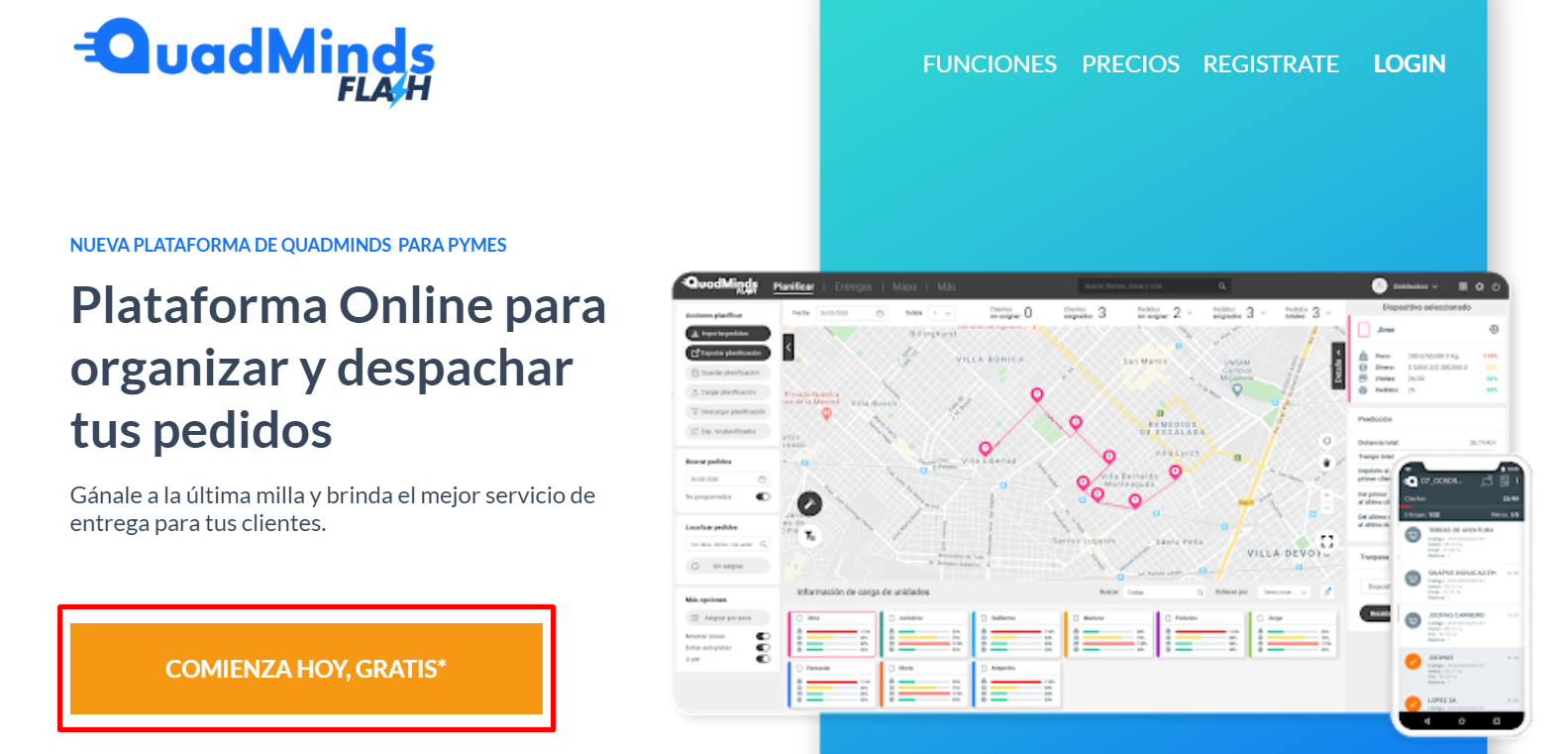 Página de inicio de QuadMinds con el botón Comienza hoy, gratis* resaltado