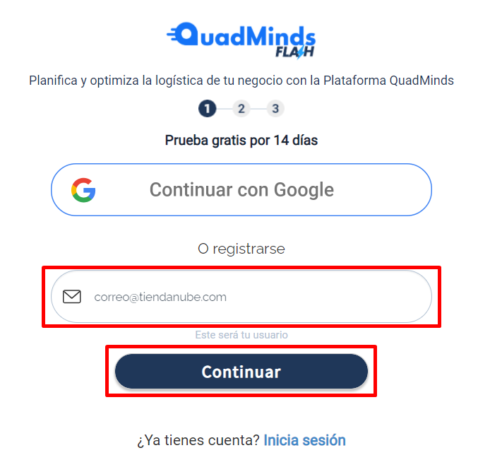 Campo para ingresar el email y botón Continuar resaltados