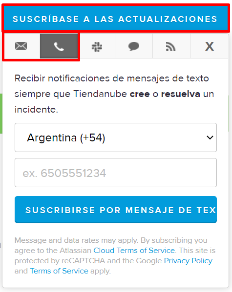 Formulario de suscripción a la página de status, con los campos a completar y las opciones para recibir la información por email o mensaje de texto resaltadas