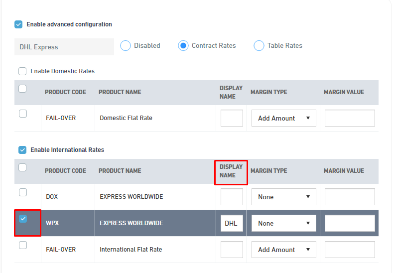 Configuraciones para habilitar servicios de DHL