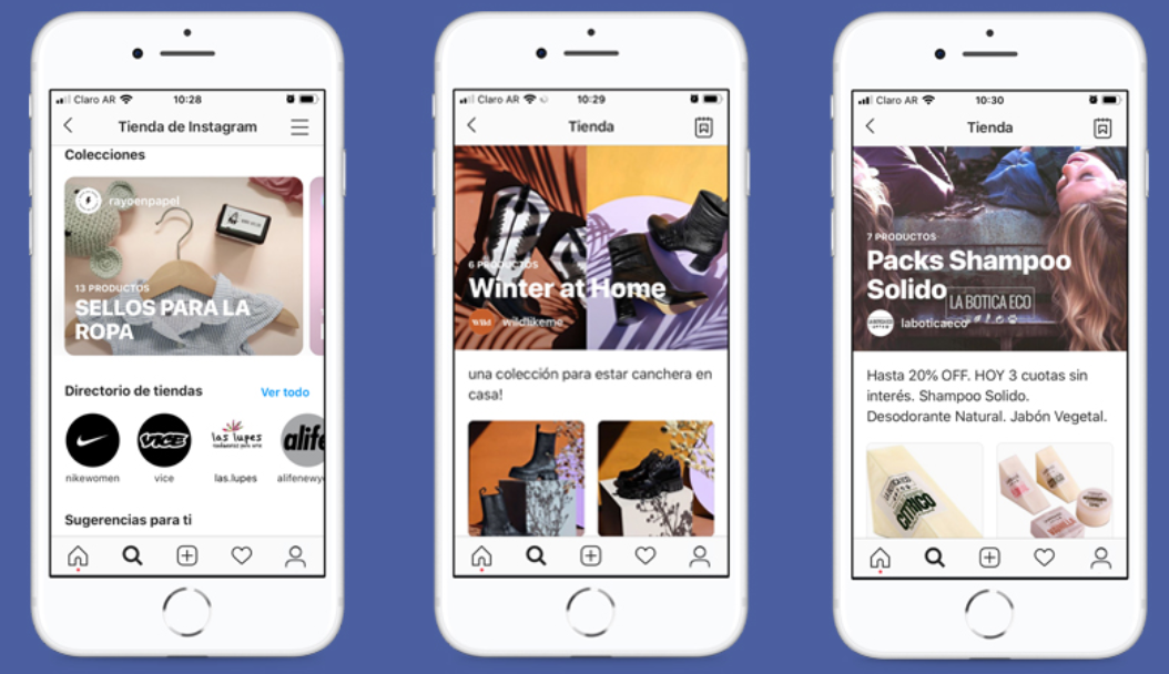Tres ejemplos de tiendas en Instagram con personalizaciones y colecciones diferentes