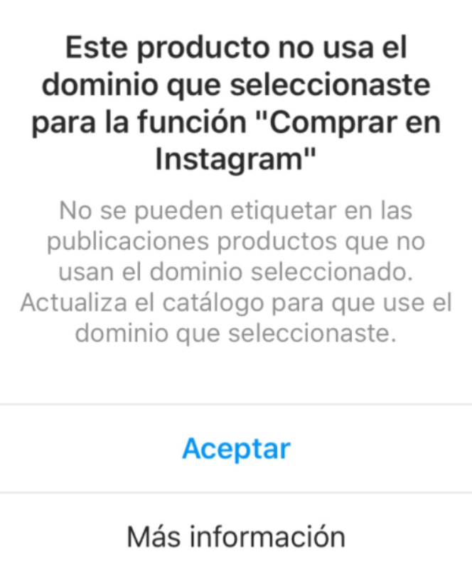 Aviso "Este producto no usa el dominio que seleccionaste para la función Comprar en Instagram"