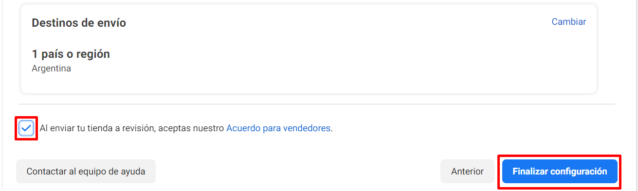 Pantalla mostrando configuraciones hechas y checkbox para aceptar el Acuerdo para vendedores. Botón "Finalizar configuración" resaltado