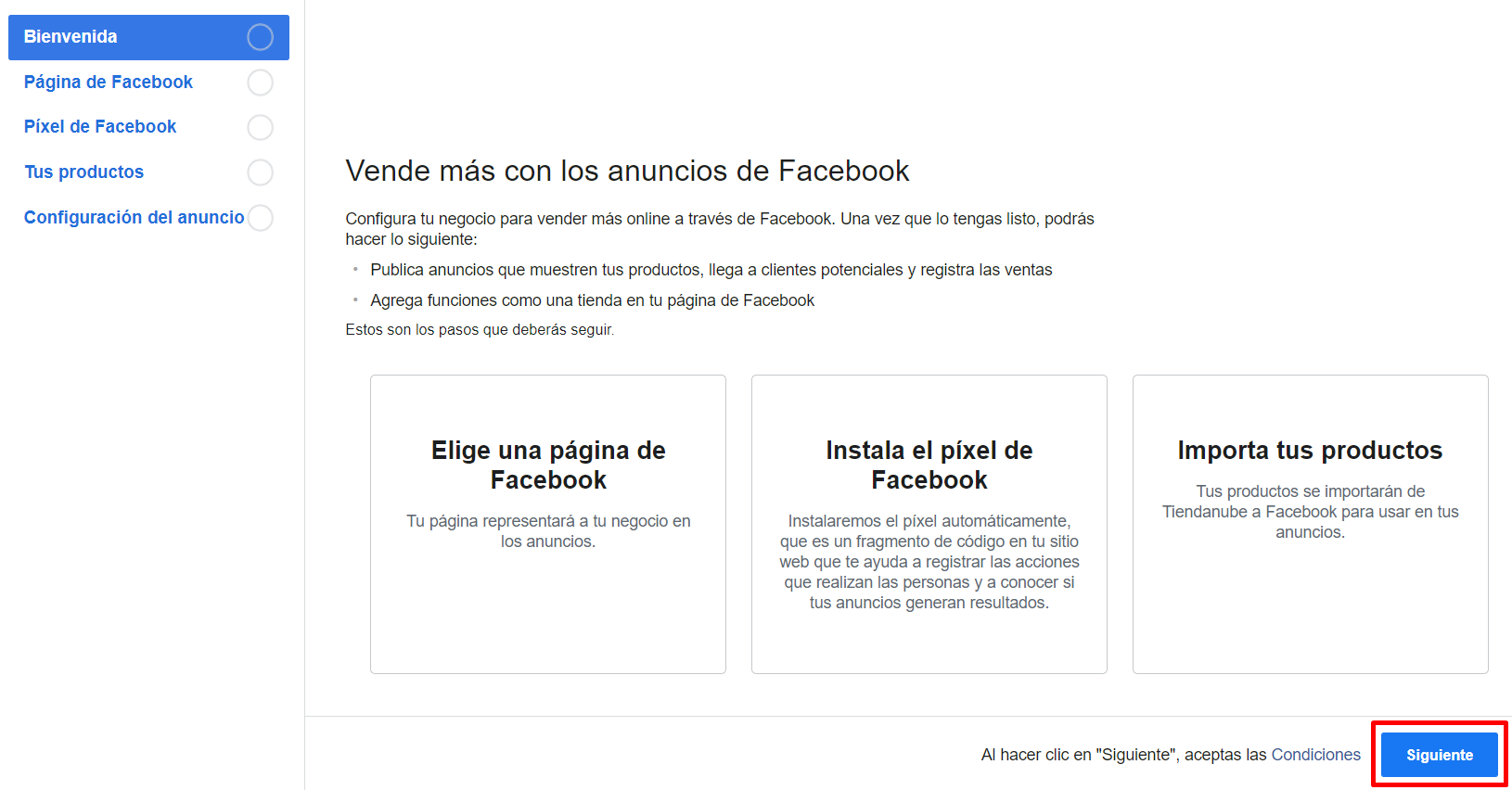 Ventana emergente con la información sobre la activación de Facebook Shop y el botón "Siguiente" en la parte inferior derecha resaltado