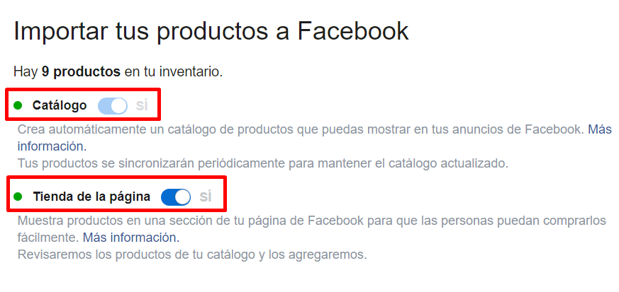 Pantalla para importar los productos a Facebook, teniendo las opciones del catálogo y la tienda de la página activas