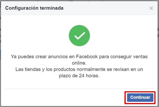 Aviso "Configuración terminada" con el botón "Continuar" resaltado