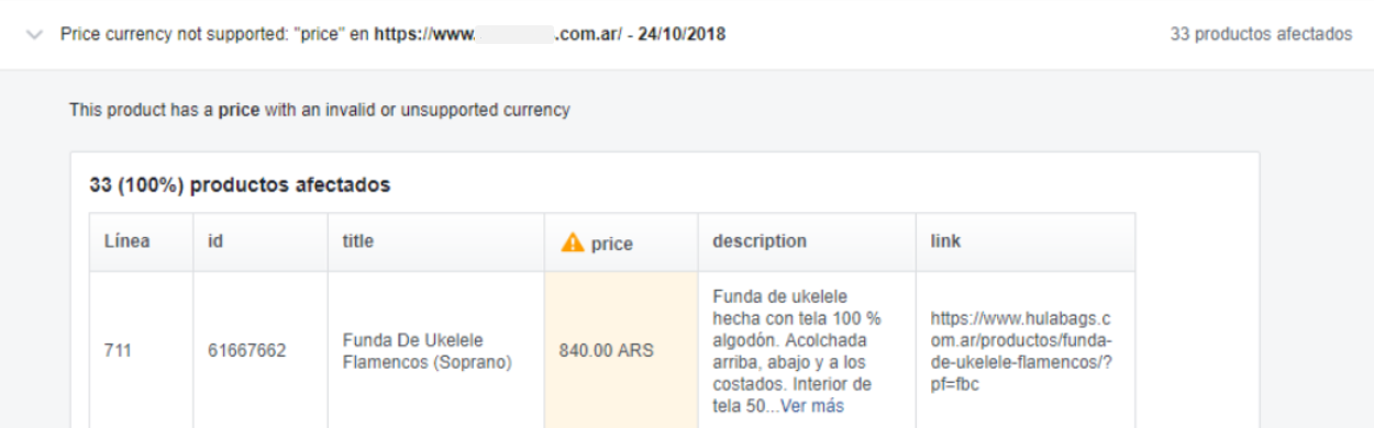 Ejemplo del error "this product has a price with an invalid or unsupported currency" que refiere a una divisa no admitida