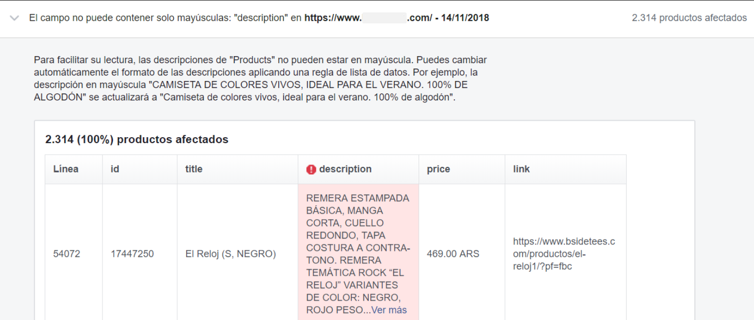 Ejemplo de error "las descripciones de productos no pueden estar en mayúscula"