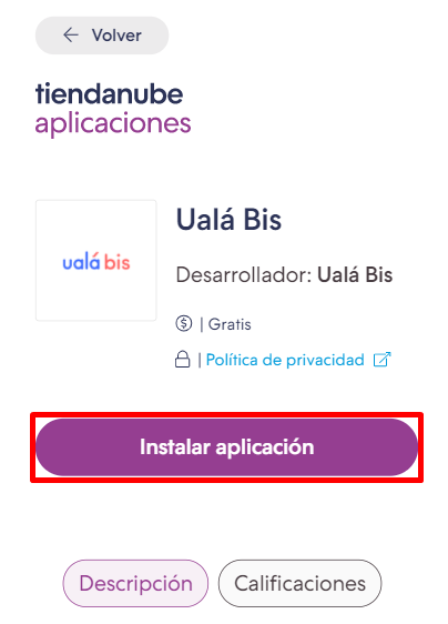 Opción de Ualá Bis dentro de la tienda de aplicaciones de Tiendanube, con el botón Instalar aplicación resaltado