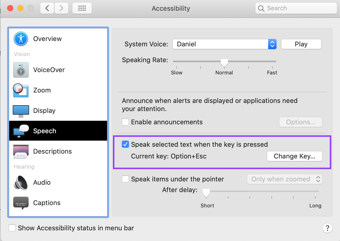 short cut for text to speech on mac