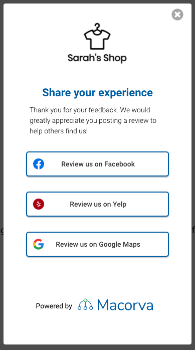 Macorva directing happy customers to Google, Facebook, and Yelp review platforms. 