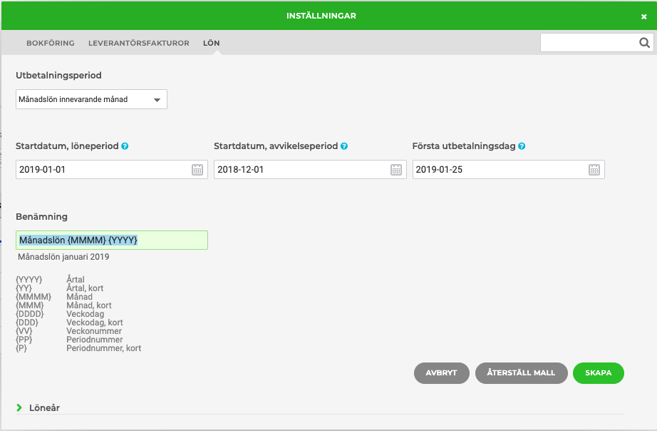 Inställningar - Löneperioder - Fortnox