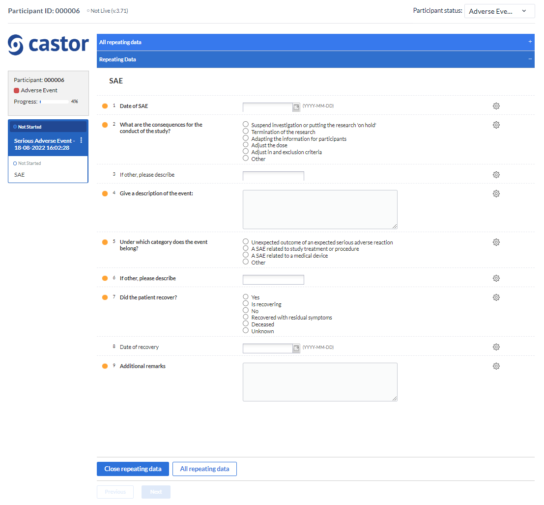 Serious Adverse Events (SAE) EDC/CDMS Castor