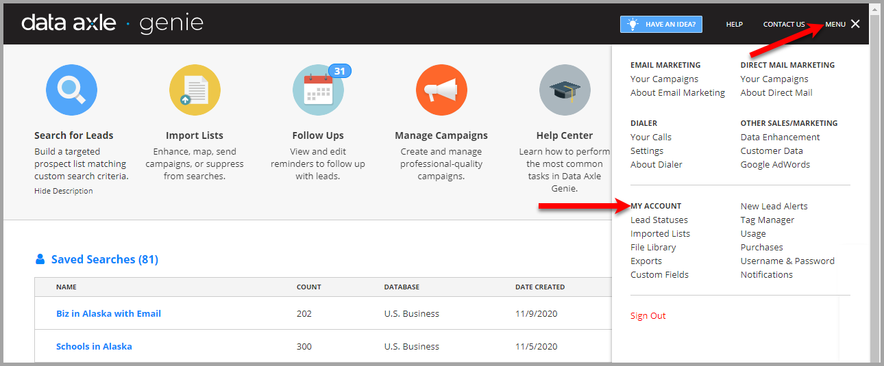 Data Axle Genie — How do I manage my account?