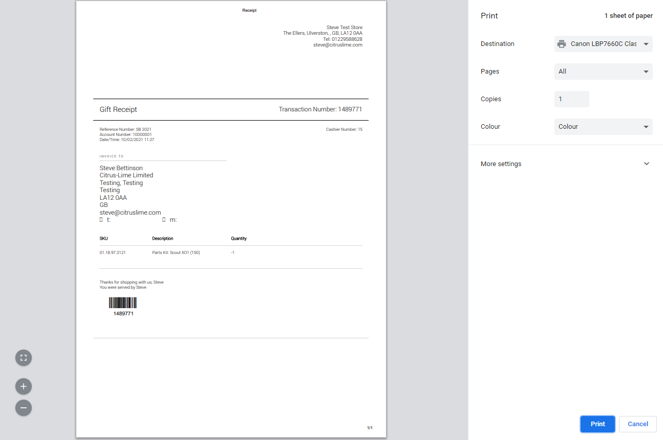 How do I print a Gift Receipt in Cloud POS? Citrus Lime