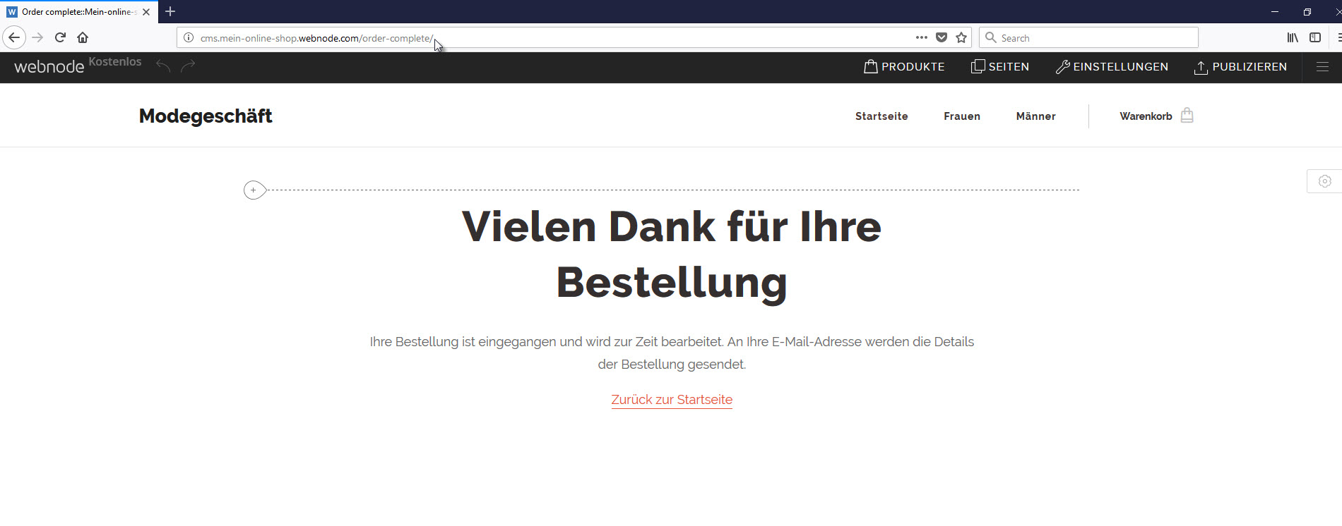 Webnode — Anpassen der "Vielen Dank für Ihre Bestellung" Seite