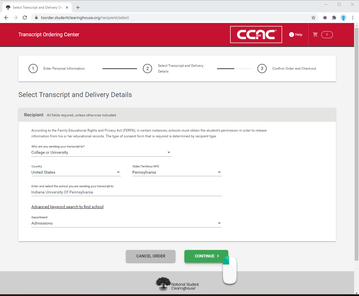 Requesting an Official Transcript through Student Clearing House CCAC