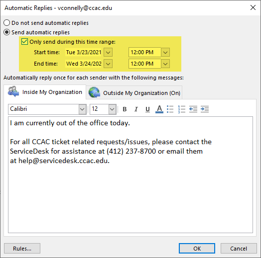 Setting An Out Of Office Away Message In Outlook CCAC s Help Center