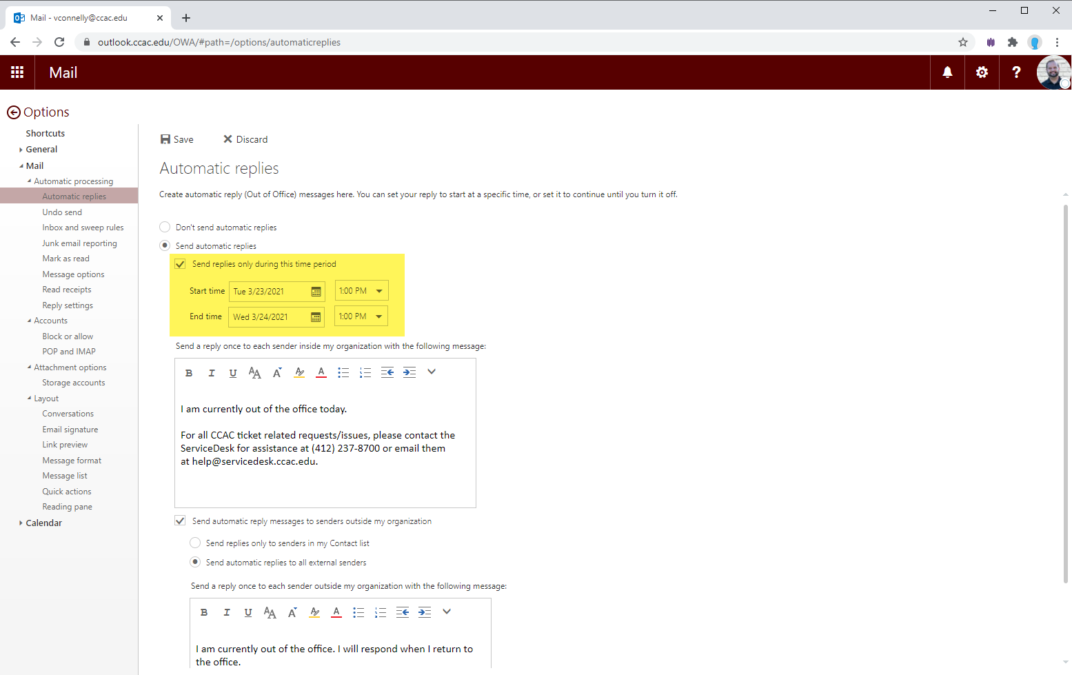 Setting An Out Of Office Away Message In Outlook CCAC s Help Center