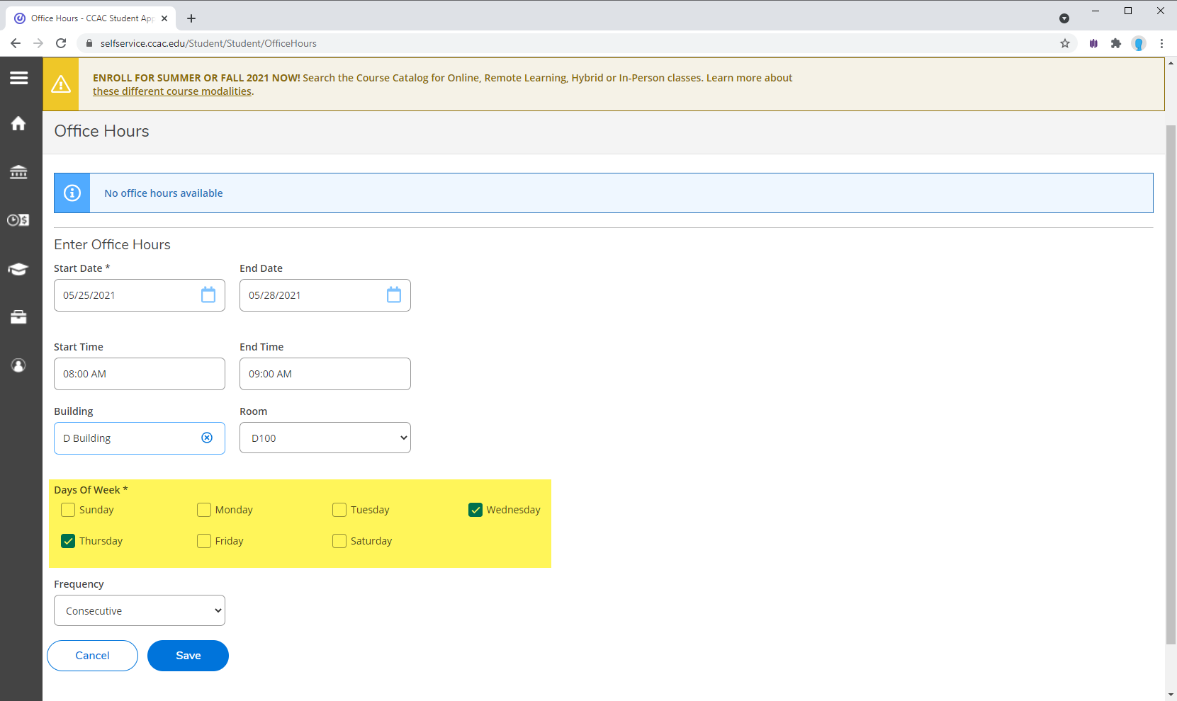 Adding Office Hours to CCAC SelfService Community College of