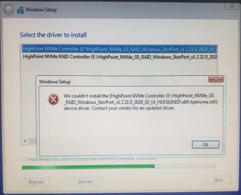 Windows setup error Cannot install the HighPoint NVMe Controller