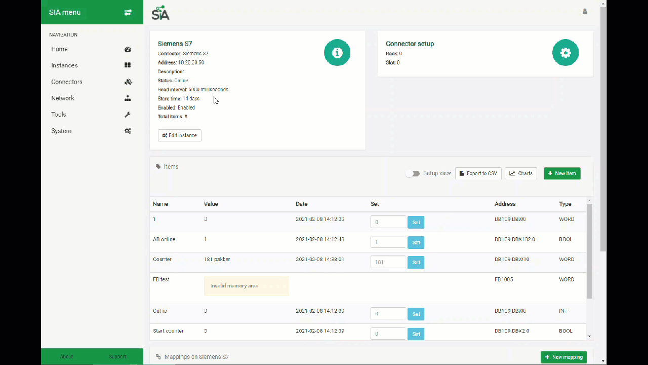 View historical stored data in graph SIA Connect