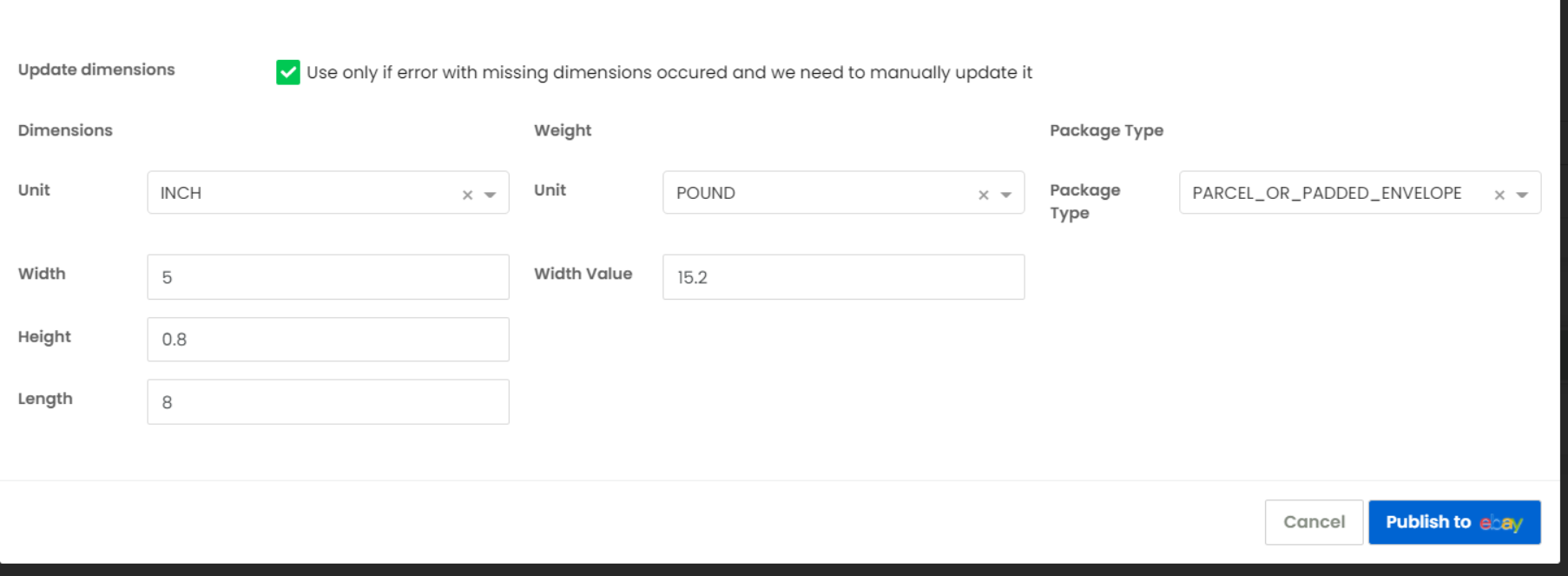 AccelerList — eBay Weight or Dimensions are Missing