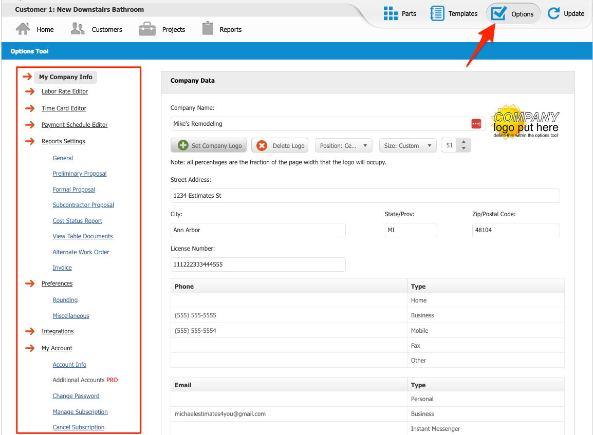 Settings Overview Clear Estimates