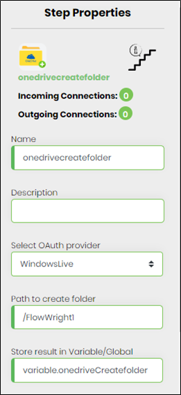 One Drive Flowchart oneDriveCreateFolder Step - FlowWright