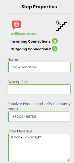 TwilioSendSMS Step - FlowWright