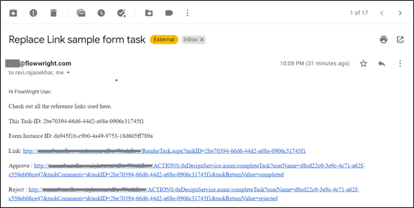 Using replace links in the Task workflow step email body - FlowWright