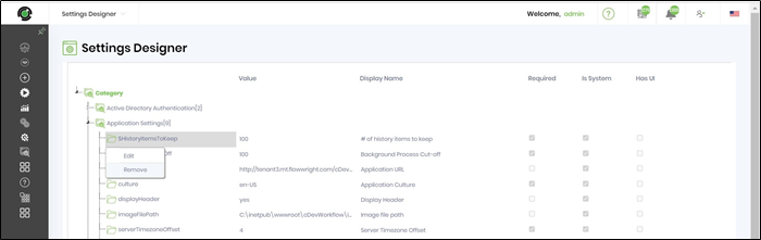 Settings Designer - FlowWright