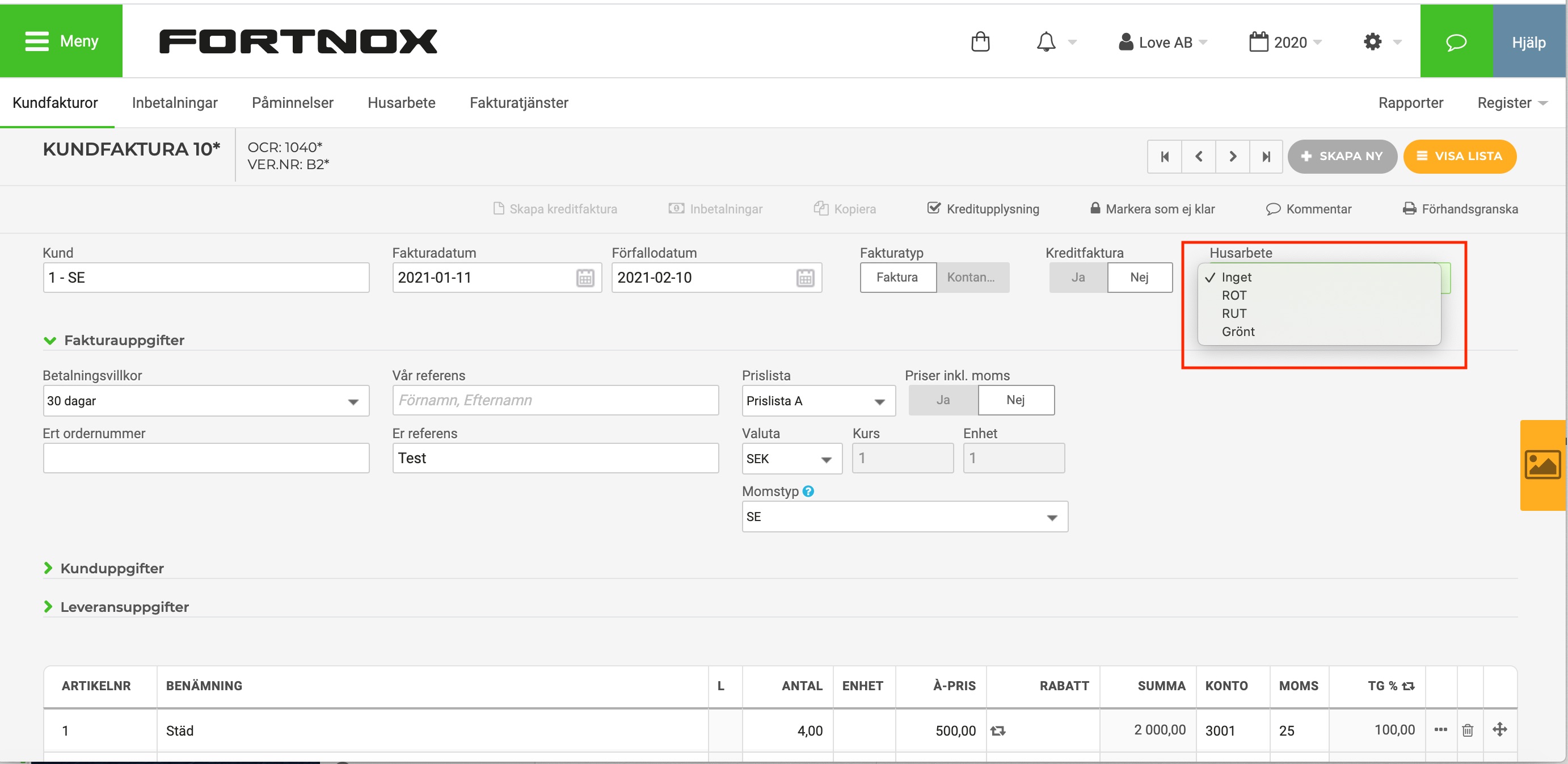Skapa husfaktura rot, rut och grönt avdrag Fortnox