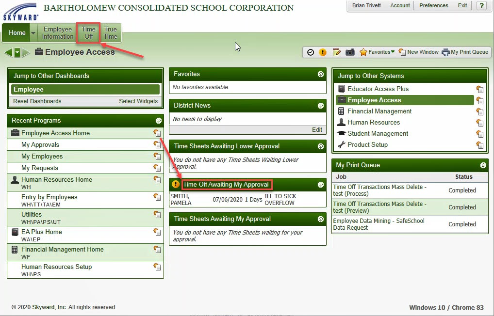 Skyward Employee Access Approve/Deny Timesheets BCSC