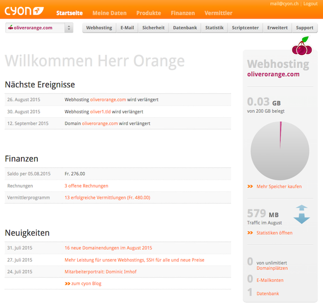 Die "Startseite" im my.cyon