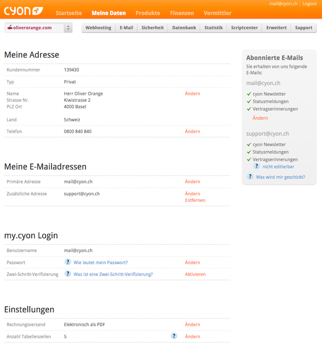 Die Seite "Meine Daten" im my.cyon