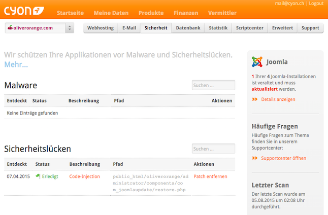 Die Seite "Sicherheit" im my.cyon
