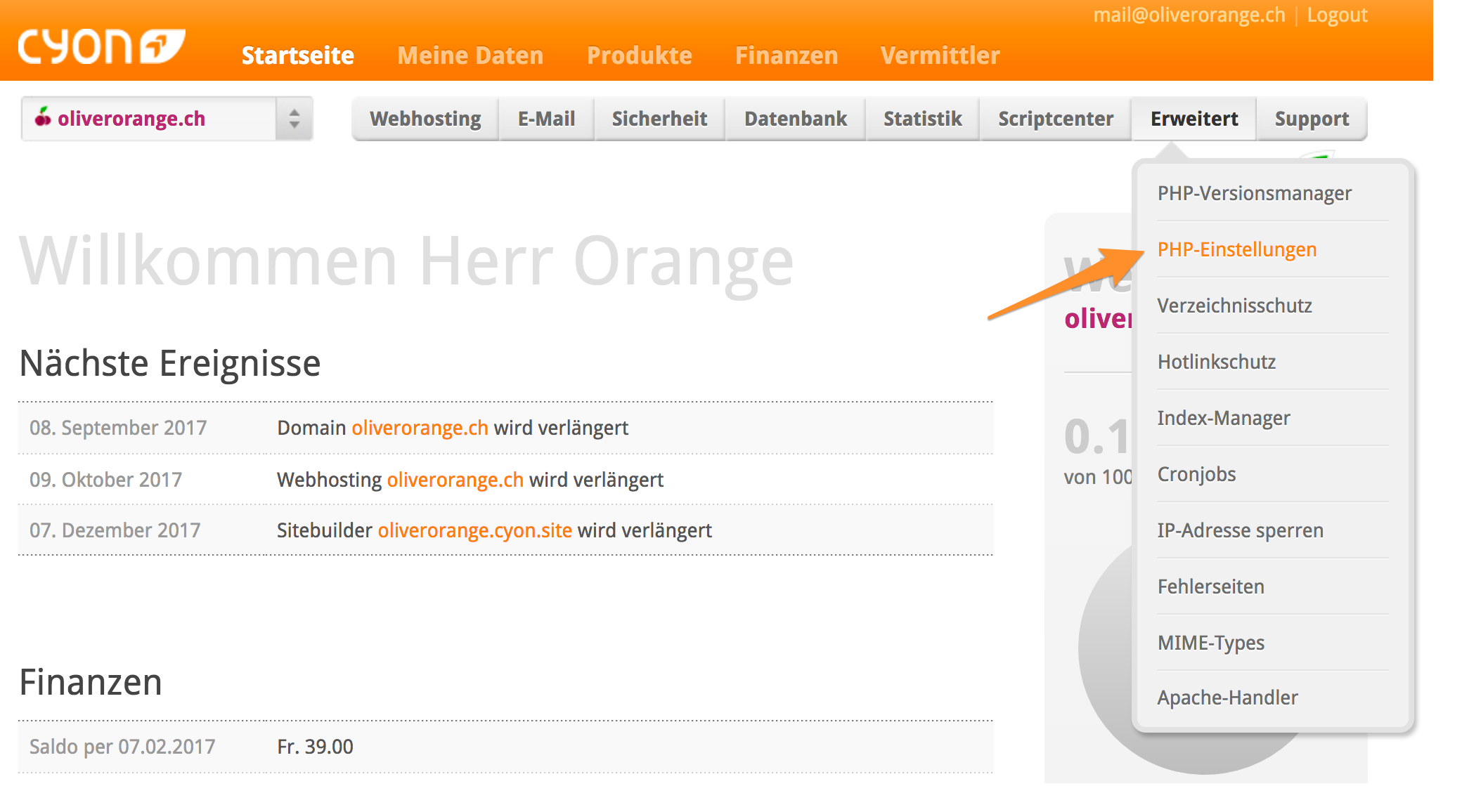 Menü «PHP Einstellungen» im my.cyon